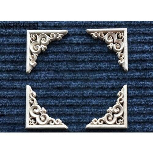 4 Pcs Carved Unpainted Solid wood Long Floral Leaves Cupboard Furniture Window Corner Wood Applique Onlay Wood Figurines