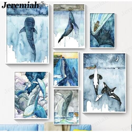 Marine Animal Canvas Poster Abstract Blue Whale Painting Wall Art Simple Modern Home Living Room Decoration Accessories
