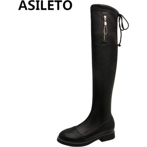 ASILETO INS ZA Women Knee High Boots Full Cow Leather Warm Boots Thick High Heels Motorcycle Boots Punk Shoes Woman High Boots