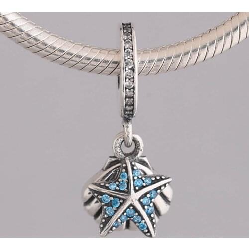 Authentic S925 Bead Starfish & Shell With Crystal Dangle fit Women Bracelet Bangle Diy Jewelry