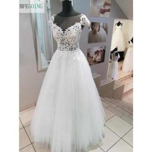 White Lace Appliques Tulle Satin Lace Scoop A-line Floor-Length Wedding dresses Cap Sleeves Bridal gown