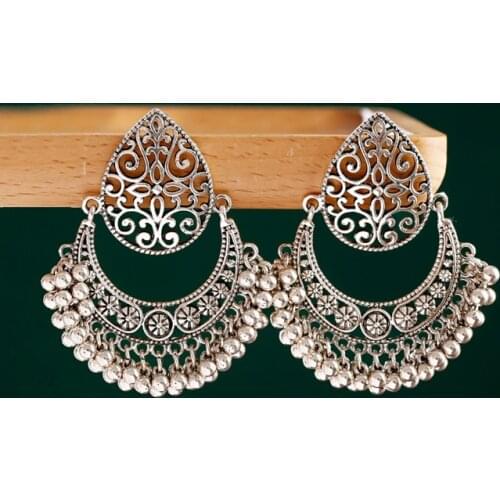 Ethnic Boho Afghan Silver Color Carved Ladies Earrings Pendient 2020 Gyspy Bell Ladies Indian Earring Jewelry