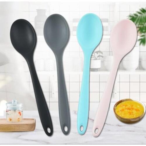Hot！Food Grade Silicone Long-Handled Soup Spoon Tableware Solid Color Spoon Kitchen Silicone Spoon Flatware Utensils Accessories