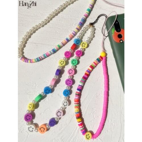 HangZhi 2021 New Cute Cartoon Face Soft Pottery Pearls Beaded Chain for Mobile Phone Trendy Phone Chain for Women Girls Jewelry
