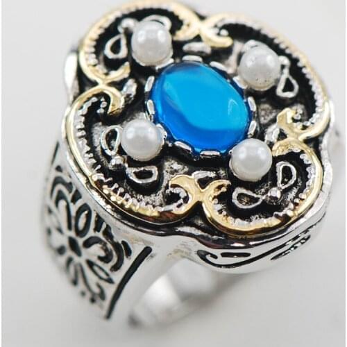 Blue Crystal Zircon Wtite Pearl 925 Sterling Silver Ring Size 6 7 8 9 10 F987