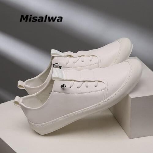 Misalwa All White Casual Men Shoes Leather Men Sneaker Slip-on Comfortable Flats Young Men Designer High Quality Trainers