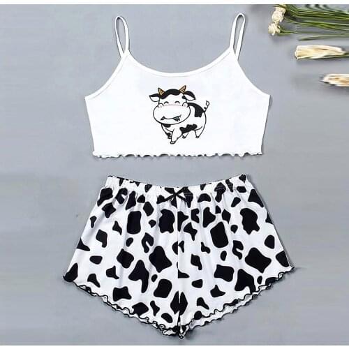 Summer Tops+pants Pajamas Sets Casual Cow Printed Sets Lounge Wear Home Sleep Set Camisole Two Pice Sets 2021 New #PY