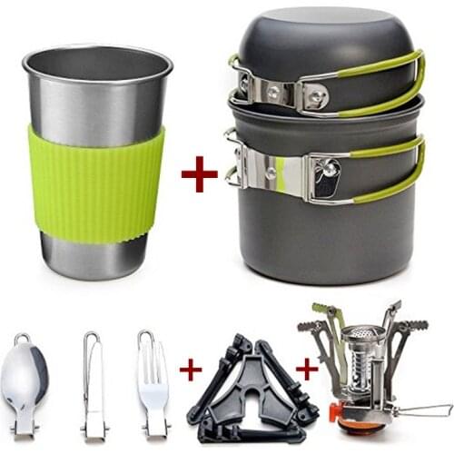 Aluminum Alloy Outdoor Camping Trip Cookware Camping Pot Hiking Picnic Tourist Tableware Set With Folding Spoon Mini Gas Stove