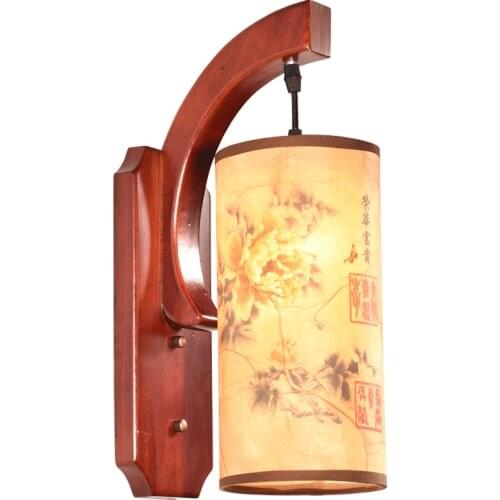 Chinese style brown wood frame wall lamps Antique yellow peony pattern parchment E27 LED lamp for porch&stairs&pavilion XDBD003