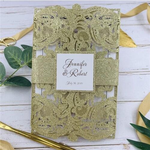 Fancy Glitter Champagne Floral Invites for Wedding, Quinceanera And Sweet 16, Invite With Belly Band & Envelope