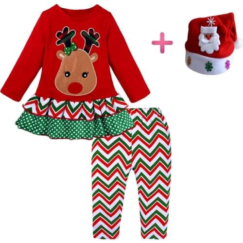 2021 New lovely babies outfits Christmas Kids Baby Girl Xmas Santa Hat +Long Sleeve Top ruffles print Pants cute Outfit Set 2-7Y