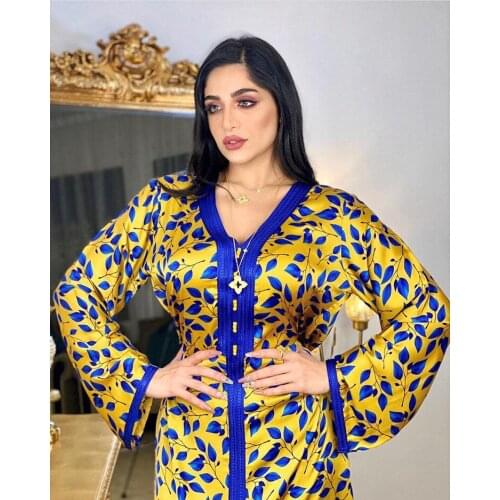 Ramadan Clothes Maxi Long Dress for Women V Neck Long Sleeve Abaya Dresses Orange Floral Print Dubai Muslim Arabic