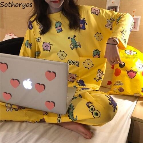 Pajama Sets Women Ins Printed Kawaii Cartoon Soft Elegant Long Sleeve Sleepwear Loose Leisure Daily Womens Korean Style Ulzzang