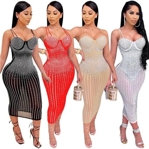Sheer Mesh Patchwork Rhinestone Women Party Dress Spaghetti Strap Sequin See Through Nightclub Evening Party Bodycon Plus SIze