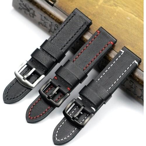 18 19 20 21 22mm Soft Black with White Red Stitches Genuine Leather Watchband For Samsung S2 S3 Military Big Pilot Watch Strap
