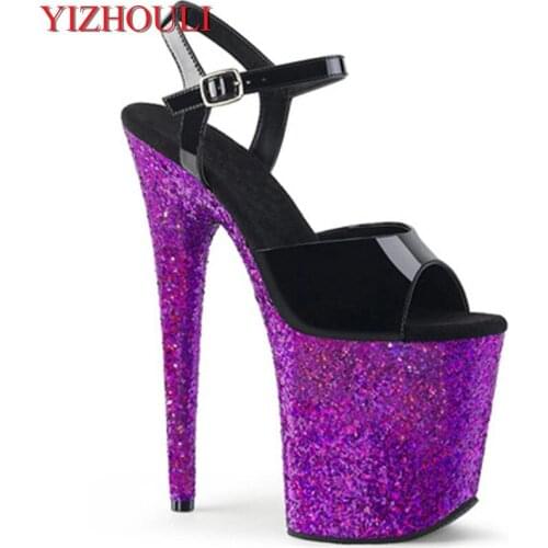 8 inch sandals, purple sequins and soles for parties and nightclubs, 20 cm high heel models, dancing shoes