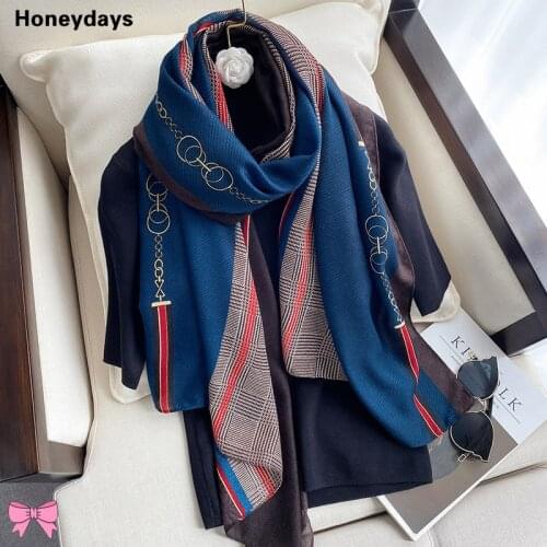Original Brand Women Chain Long Scarf Fashion Cotton and Linen Scarf Winter Warm Neckerchief Lady Vintage Plaid Scarves Shawls