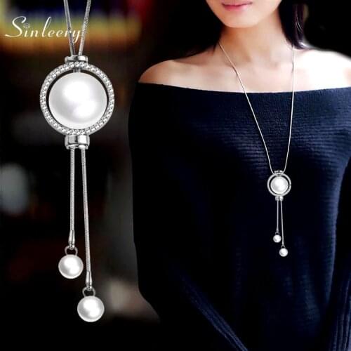 SINLEERY Elegant Rhinestone Circle Long Necklace For Women Silver Color Chain Adjustable Tassel Pendant Pearl Necklace MY048 SSB