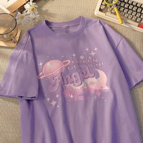 Harajuku Angel Letter Streetwear Vintage Tops Summer Casual Loose Hip-Hop Planet Moon Print Japan JK Girls Cotton Women T-shirt