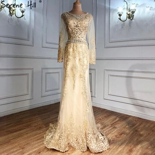 Serene Hill Gold Muslim Beaded Evening Dresses Gowns 2021 Mermaid Elegant For Women Wedding Party DLA71082
