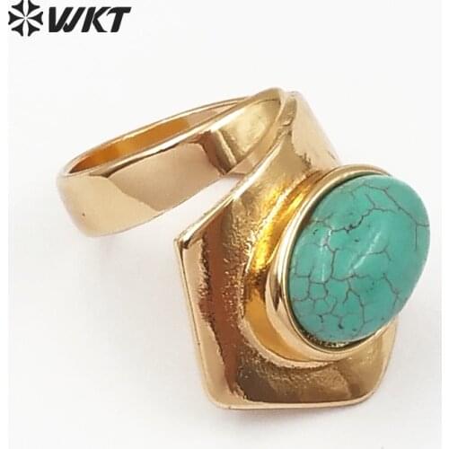 WT-R308 WKT 2018 Wholesale New Design texture Series Natural Stone rings oval adjustable Green Gold color for women jewelry