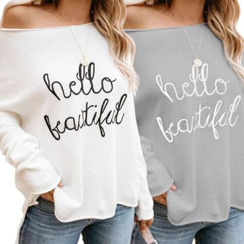 Women Long Sleeve Knitted Blouse Embroidery hello One Word Shoulder Sweater Casual Loose Elegant Solid Color Pullover