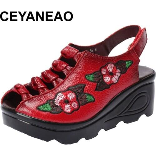CEYANEAO Genuine Leather Shoes Summer Women Sandals 2020 Stylish Comfortable Women Shoes Fashion Sandals Platform Wedge Sandals