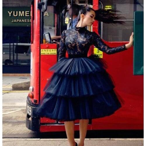 SoAyle Ball Gown Tea Length High Neck Cocktail Dresses Lace Top Tulle Ruffles Tired Cake Little Black Dress Prom Gowns