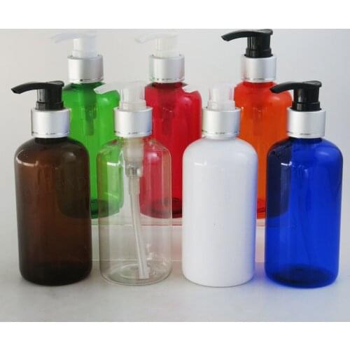 12PCS 220ml Amber Blue White Red Green Orange Clear Shampoo PET Lightweight travel Refillable Bottle with Lotion Pump