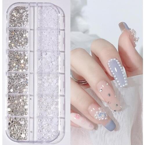12Grids/Box Flat Back Nail Art Rhinestone 3D Effect Faux Pearl Style Round Glitters DIY Nail Rhinestones Decoration for Manicure