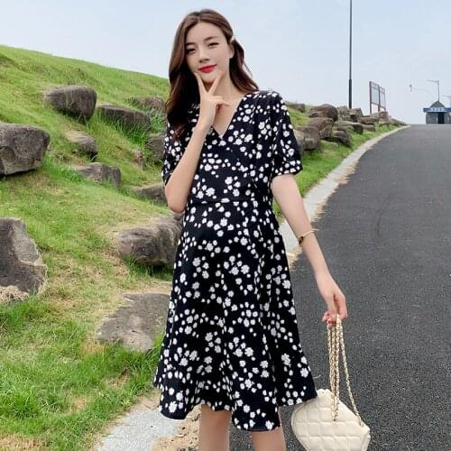 2554# Maternity Dress Summer V Neck Chiffon Short Sleeves Loose Stylish Dress Pregnant Women Mom Dress