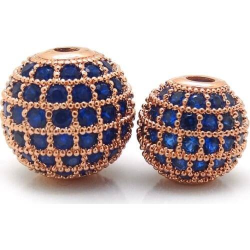 Rose Gold Color Brass Micro Pave Blue CZ Cubic Zirconia Metal Round Bead 6 8 10 12 14 16 MM DIY Bracelet Jewelry Spacer Beads