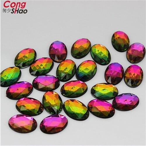 Cong Shao 300PCS 10 *14mm Rainbow Color Oval Acrylic Rhinestones Flat Back Crystal Stone For Clothing crafts Decoration CS163