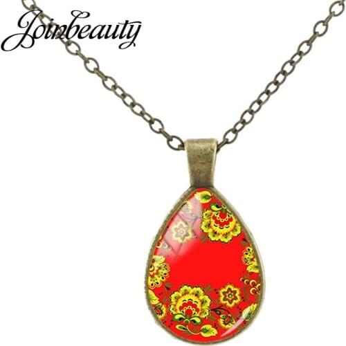 JOINBEAUTY Yellow Flowers Red Background Decorative Pattern Necklace Fashion Women Accessories Water Drop Pendant Jewelry FL60