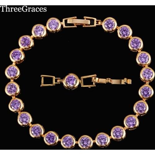 ThreeGraces Elegant Champagne Red Round Cut Purple Cubic Zirconia Stone OL Style Women Bracelets With Gold Color Jewelry BR056