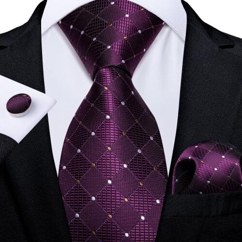 Purple Plaid Dot Mens Ties Pocket Square Cufflinks Business Wedding Accessoires Neck Tie Gift For Men Cravat Silk Tie DiBanGu