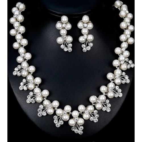 Simulated Pearl Jewelry Set for Women Crystal Flower Necklace Earring Bridal Wedding Set bijoux Leaf jewelry Sets