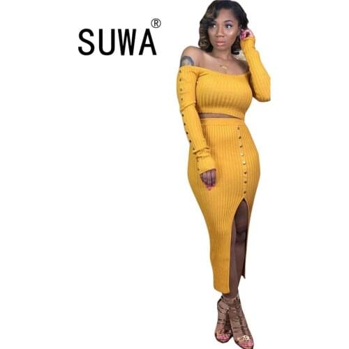Hot Selling Solid Knit Women Sets Slash Neck Long Sleeve Crop Tops High Waist Side Split Skirts Outfits For High Street Wear