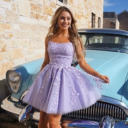 2021 Sweet Short Homecoming Dresses Scoop Lace Appliques A-Line Prom Dress Above Knee Spaghetti Straps Mini Cocktail Dresses 039