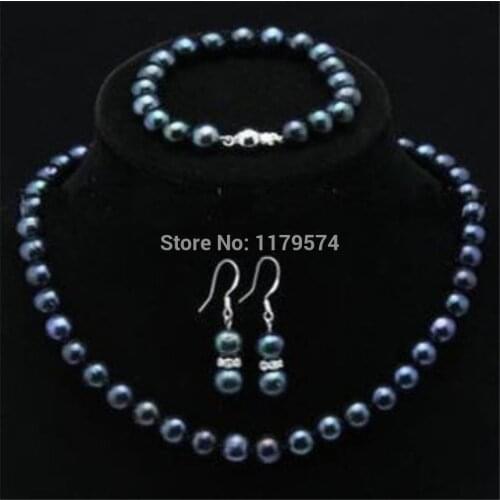 Fashion jewelry Natural 7-8mm black freshwater Pearl Necklace Bracelet Earring Sets 18" & 7.5"