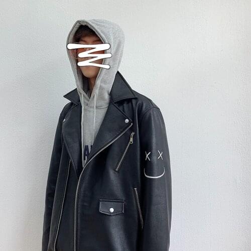 Mens PU Leather Black Casual Motorcycle Jacket Turn-down Collar Long Sleeve Coat Zippers Decoration N2