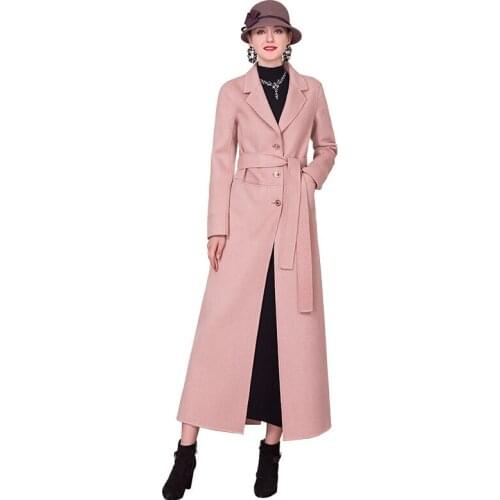 European Style Wool Coat Pink Fall Winter Turn Down Collar Long Sleeve Outwear with Belt Big Size DZ2177