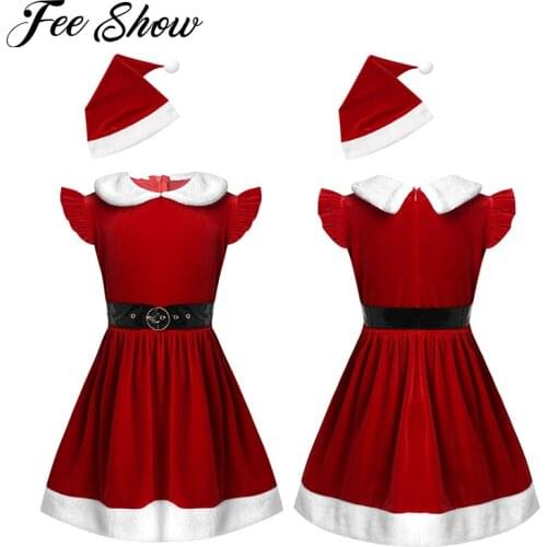 Kids Girls Christmas Dress 2020 New Year Costume Santa Claus Outfits sleeveless A-line Tutu Dresses with Hat and Waistband Set