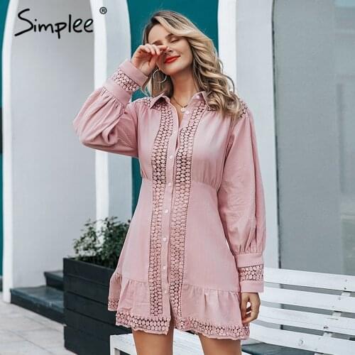 Simplee Elegant cotton lace women dress Long lantern sleeve ruffle A-line white short dress Hollow out party winter dresses 2019