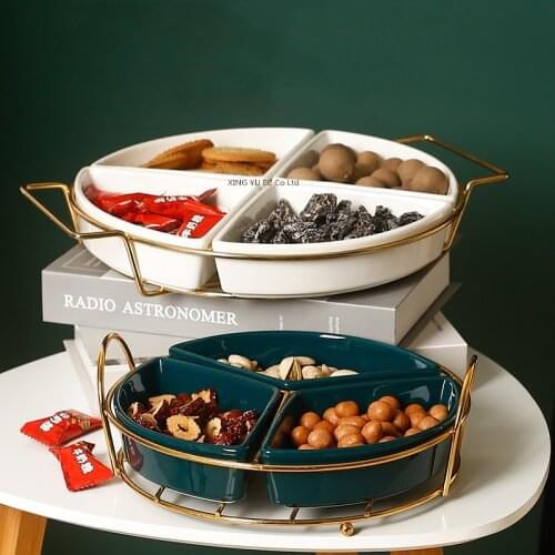 Fruit Plate Living Room Fruit Snack Divider Plate Platter Iron Ceramic Snack Plate Household Round Tableware Restaurant Supplies