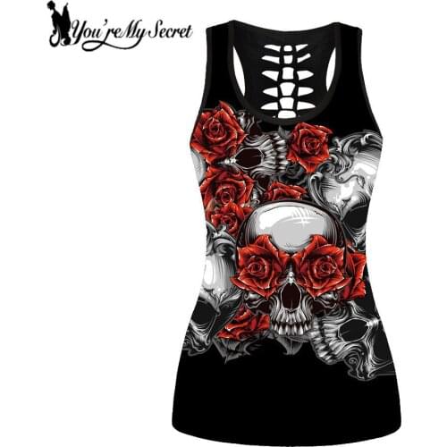 [You're My Secret] Gothic Skull Pattern Vest Women Sleeveless Tank Tops Rose Print Hollow Out Tshirt Plus Size Female Clothes