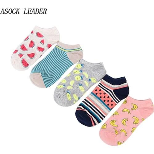 2018 Spring&Summer New Cotton WomenS Socks Fresh Solid Color Fruit Pattern Leisure Boat Socks 5 Pairs / Lot