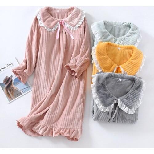 Autumn Winter Nightdress Women Flannel Thickened Long Sleepwear Long Sleeves Sweet Coral Fleece Plus Size Home Service Bathrobe