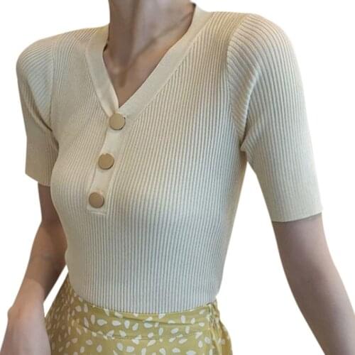 Daxin Womens V Neck T-Shirt Solid Slim Knitted Short Sleeves Female Korean Top Ladies Shirt Summer Koreab Style Tee Shirt Tops