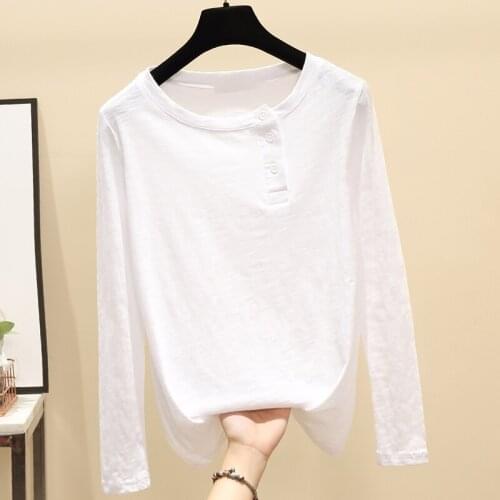 Women Spring Fall Casual T-Shirt Fashion Korea Round Neck T shirt Cotton Long Sleeve Tops Pink Green White Plus Size tops